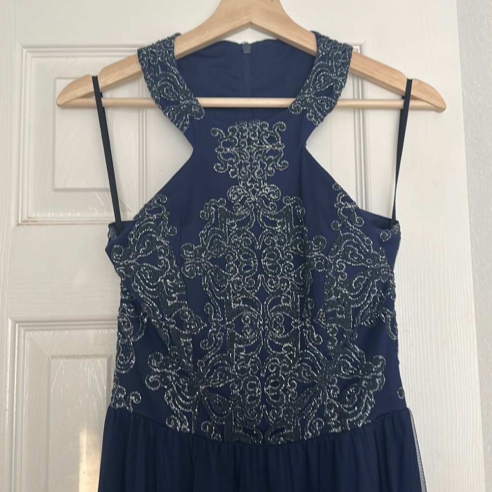 Long glittery Navy blue open back dress